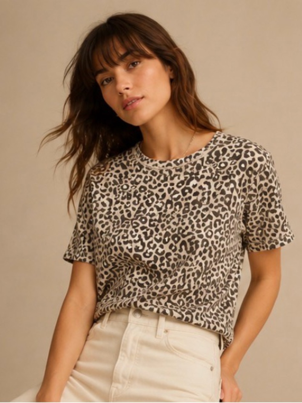 Zoe + Liv Leopard Print Tee Women’s Large Neutral Animal Print Top